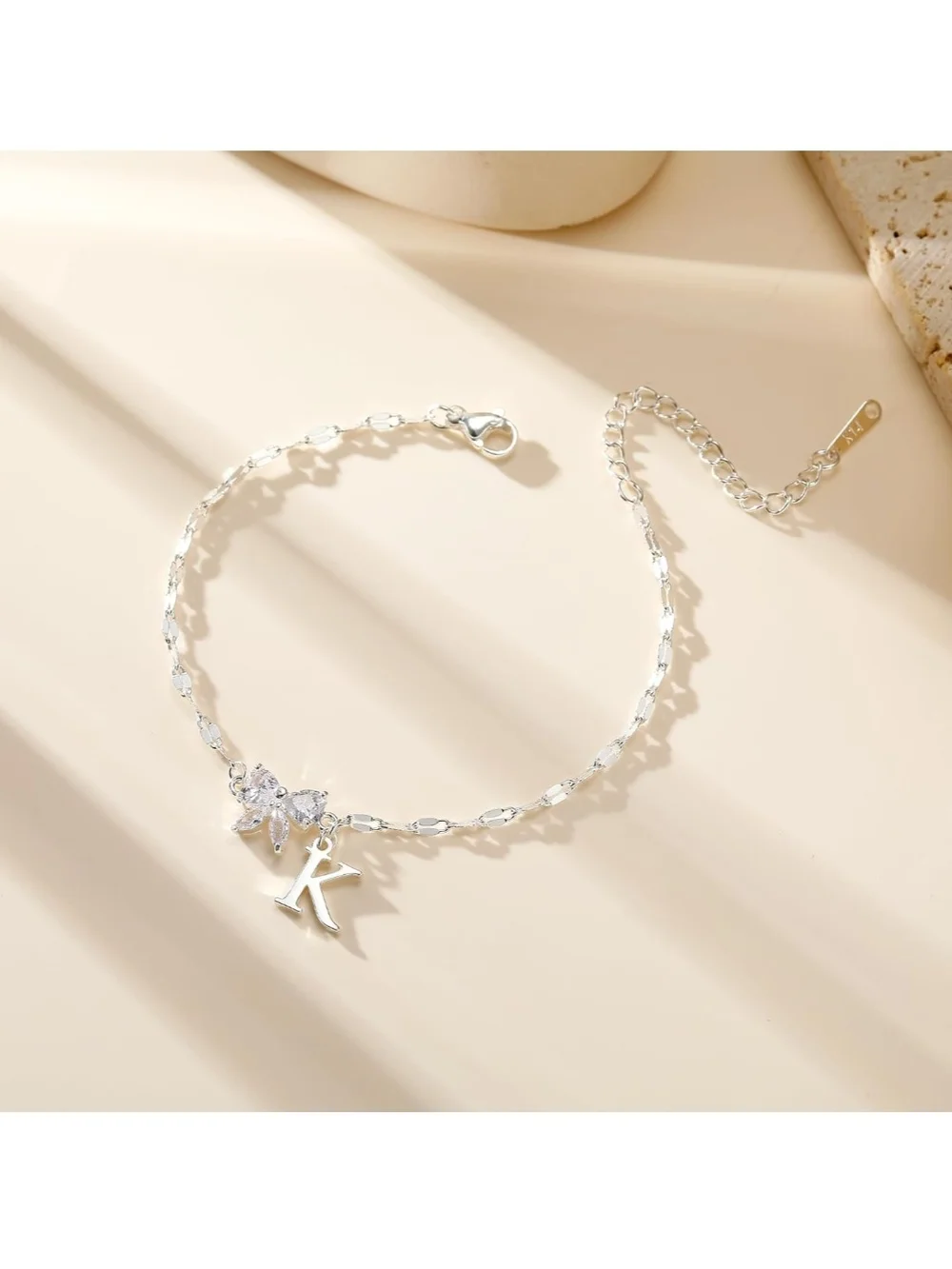 Initial Silver Anklet with Crystal Flower Charm MANY LETTERS AVAILABLE